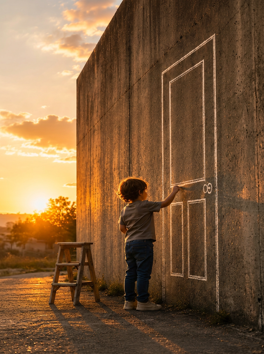 Menino desenhando uma porta em uma parede ao pôr do sol